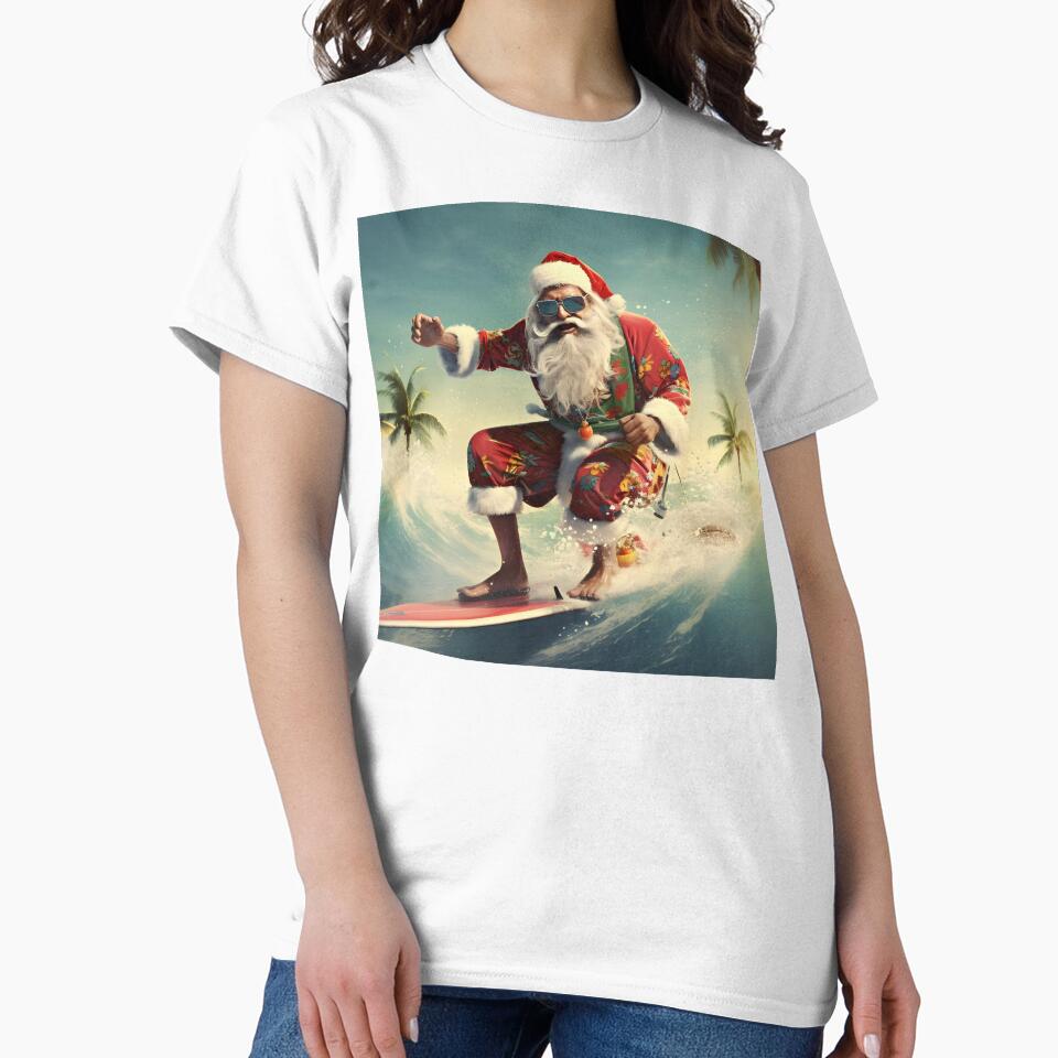 surfing christmas santa claus holiday print by dcrc