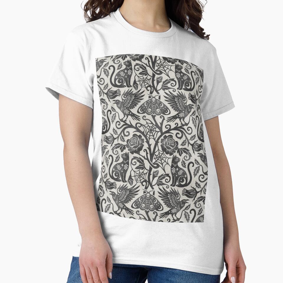 Ornate Gothic Cats Ravens Moths And Roses In Charcoal On Cream by EliveraDesigns