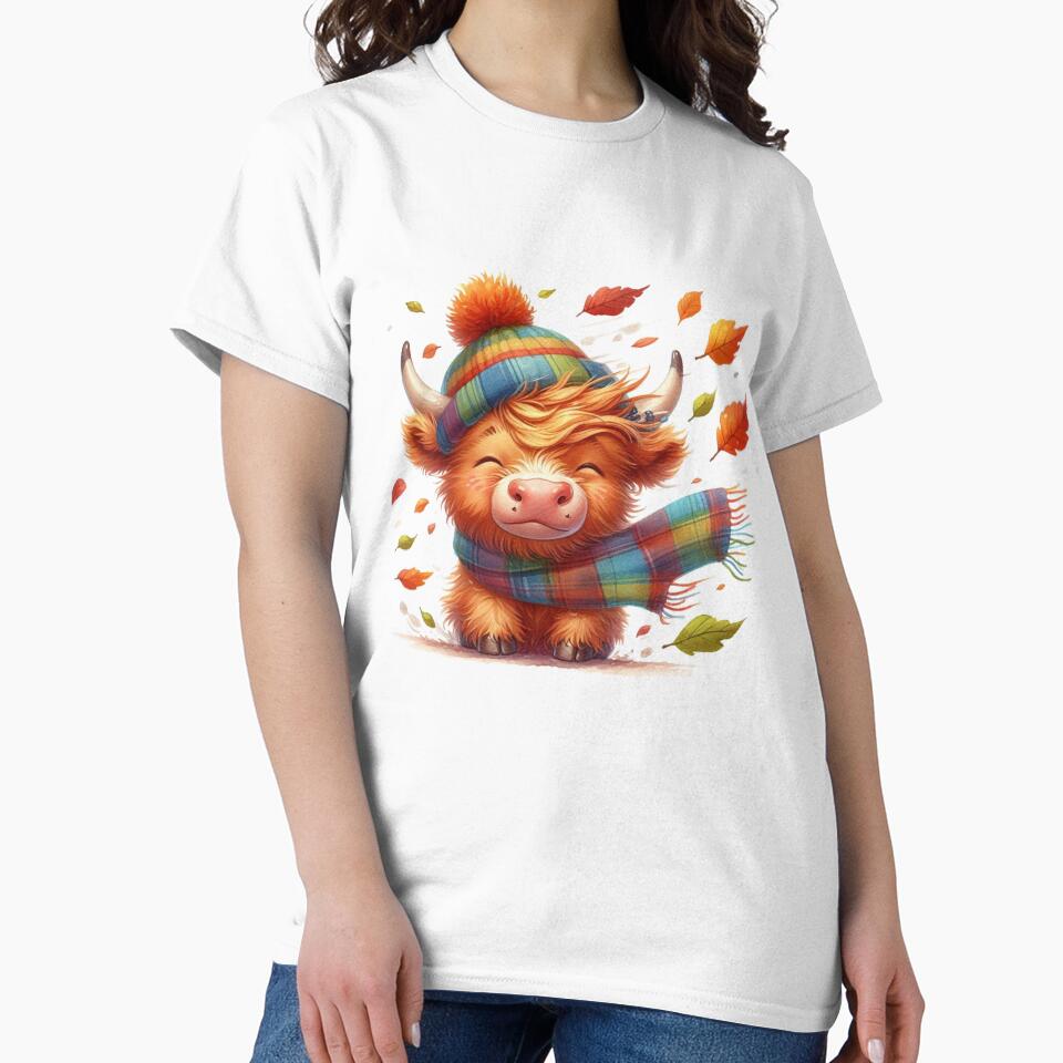 Cute Scottish Highland Cow Windy Fall Season Autumn Leaves Colorful Watercolor by MaedK