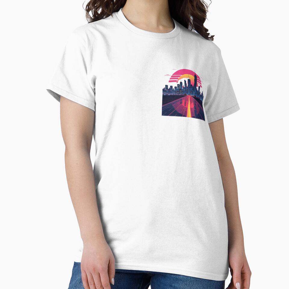 Retro Synthwave Cityscape T-Shirt – Vaporwave Sunset Skyline | Cyberpunk, 80s Aesthetic Shirt by OanaArt