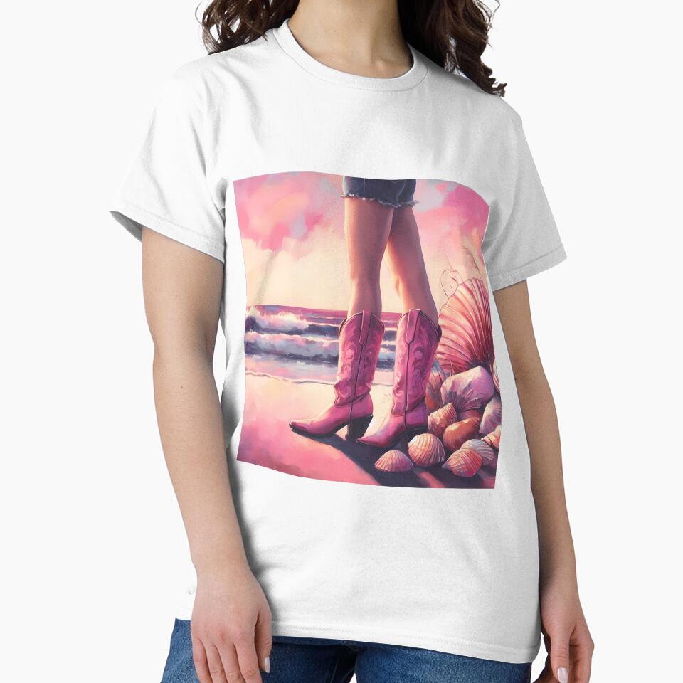 Sands, Shells, and Cowgirl Spells, Ocean Hues with Pink Boots Swells by EmeraldeaArt