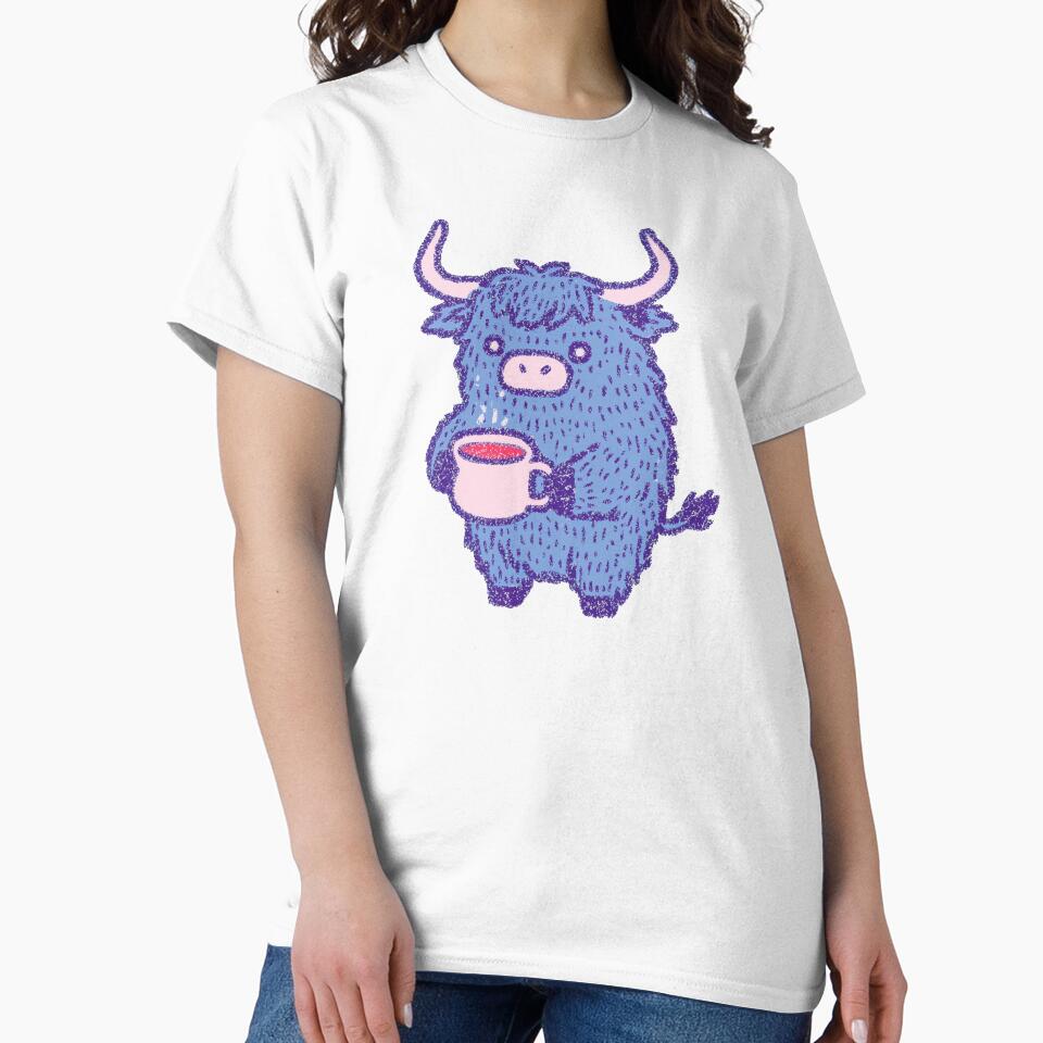 Coffee Highland Cow holding a mug, textured pastel illustration by Magnificent Lizard