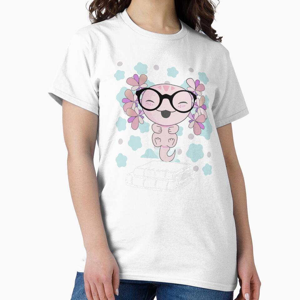 Lovely Axolotl Cute Pink Nerd with Two Books and Glasses, Axlolt, Amphibian sitting on Books by DiensDesign