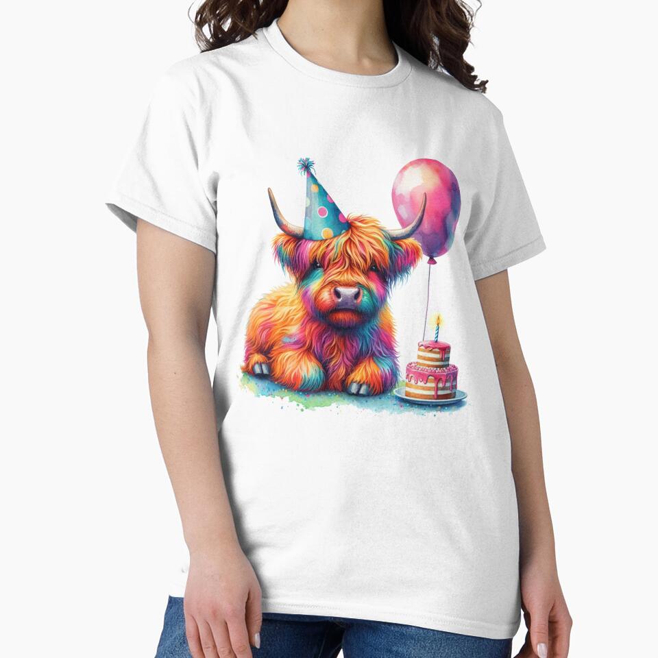 Scottish Highland Cow Calf Celebrating a Happy Birthday Colorful Watercolor by MaedK