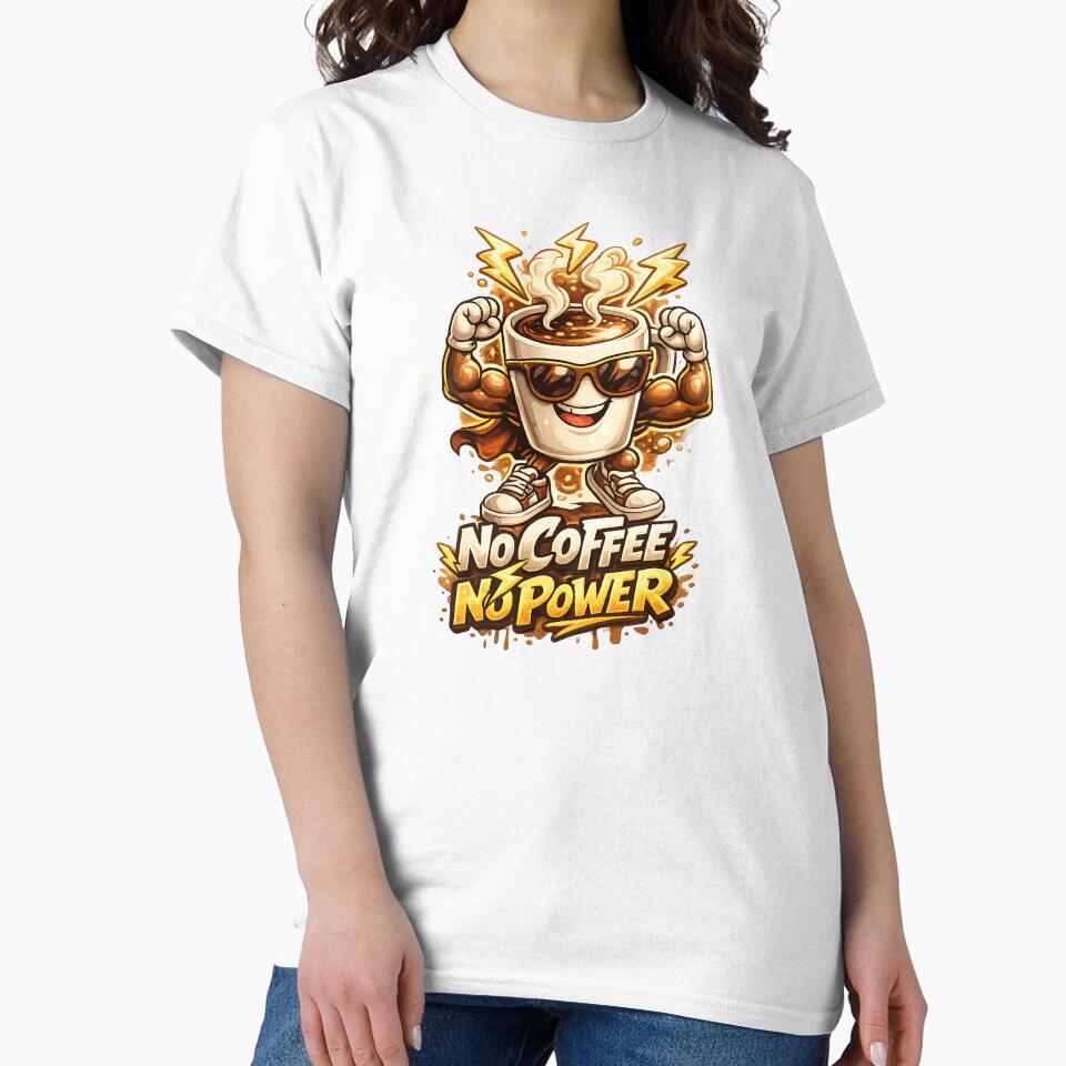 No Coffee No Power – Funny Strong Coffee Cup Mascot Energy Cartoon T-Shirt by LineLoo