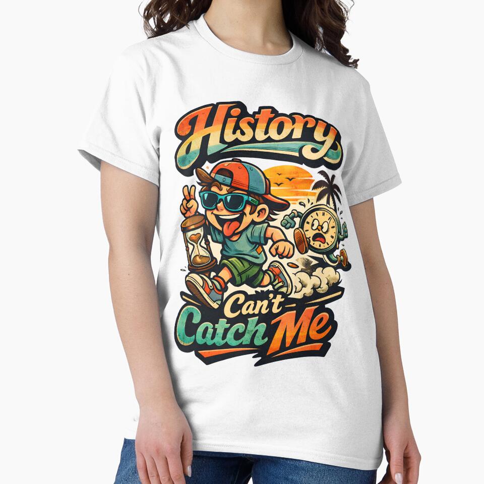 History Can't Catch Me Retro Pop Aesthetic - Funny Time Travel Satire Art - Vintage 90s Nostalgia Motivational Graphic for Streetwear & Posters - Summerween Beach Sunset Glitch Core Design by Vivaan Studio