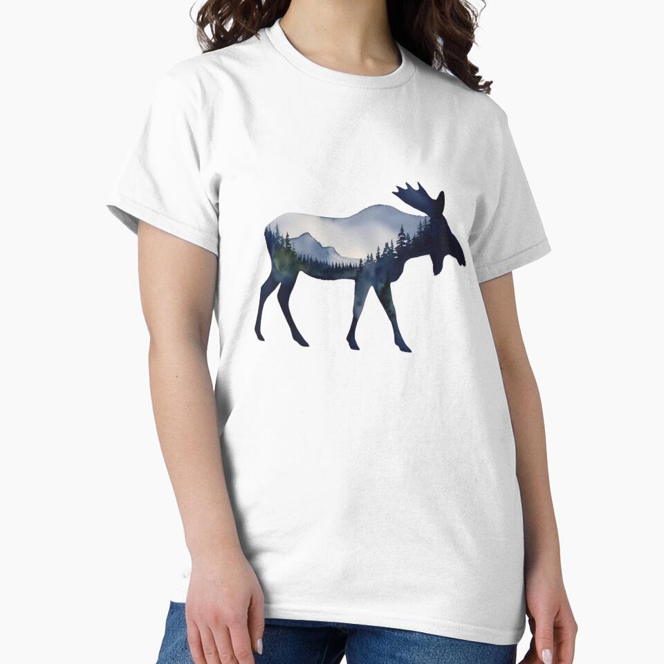 Moose Silhouette with inlay watercolor nature scene of a National Park, Forest, Trees Save Wilderness for Wildlife Hiking Camping Classic T-Shirt sticker by Mama.Does.Designs