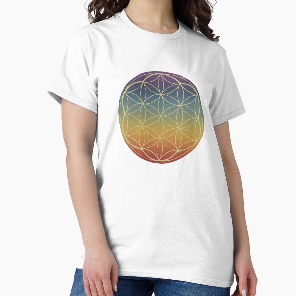 Flower of Life Linocut - Rainbow Sunset + Gold by Irene Estelle