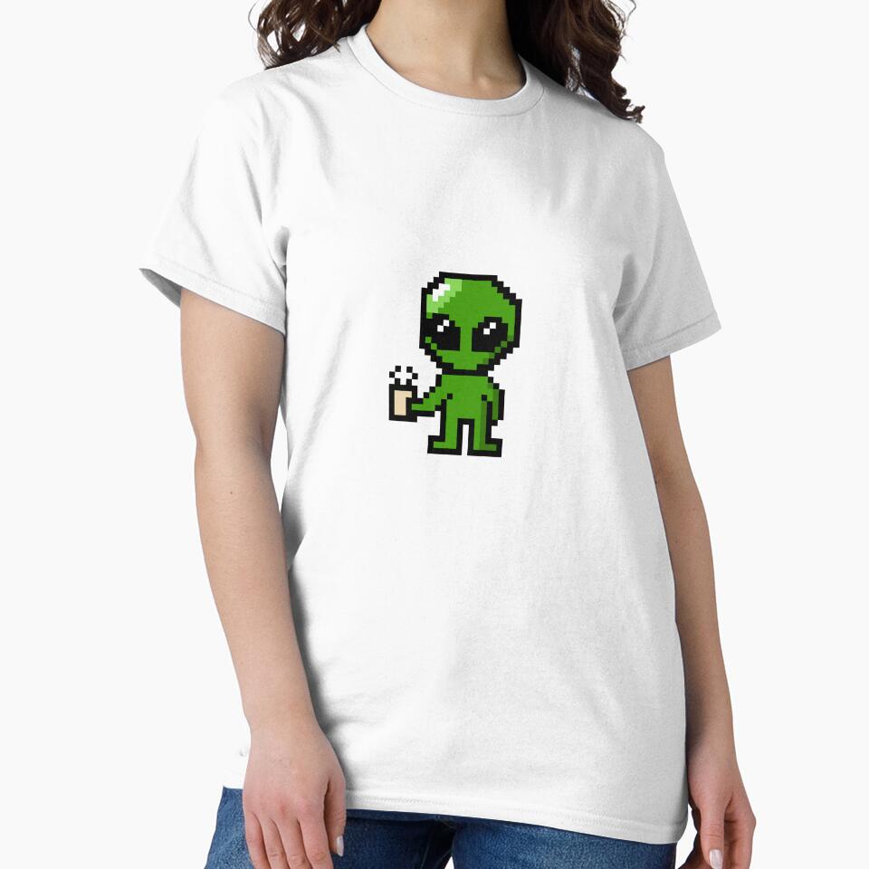 Pixelated alien holding coffee by Rainy Day Pixels