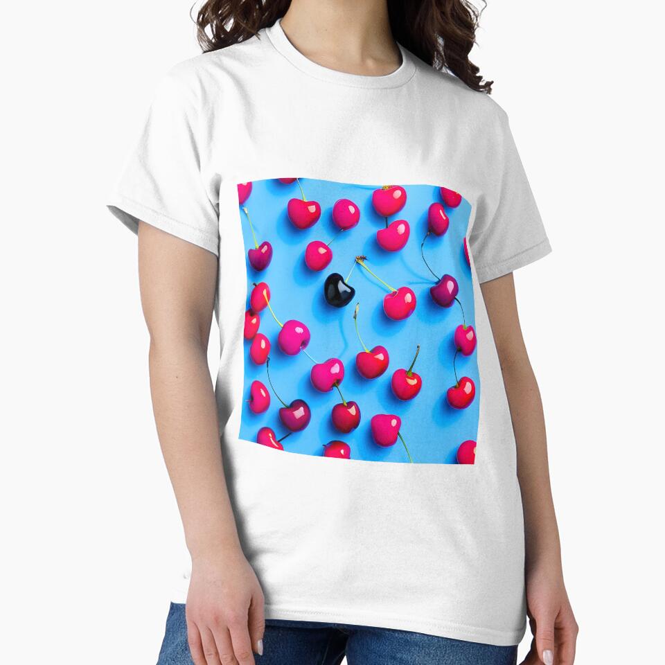 Red cherries on light blue background by imagenia
