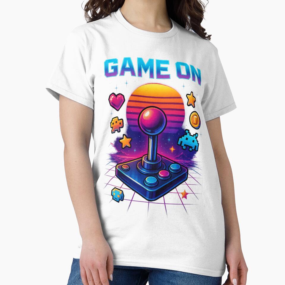 Retro Gaming Synthwave – Pixel Art Sunset with Neon Joystick by Designforyou86