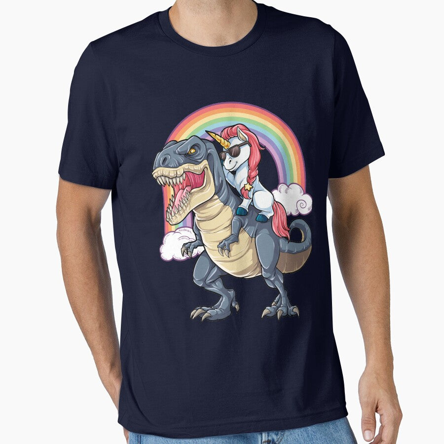Unicorn Riding Dinosaur T Shirt T-Rex Funny Unicorns Party Rainbow Squad Gifts for Kids Boys Girls by LiqueGifts