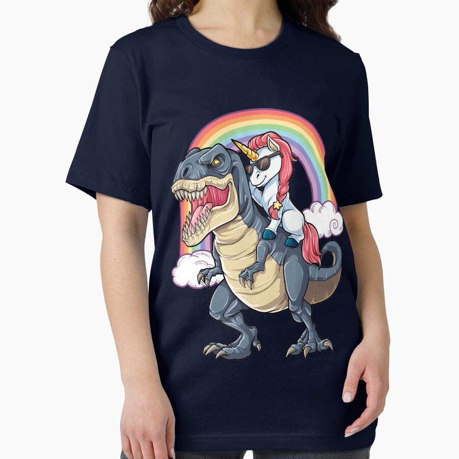 Unicorn Riding Dinosaur T Shirt T-Rex Funny Unicorns Party Rainbow Squad Gifts for Kids Boys Girls by LiqueGifts