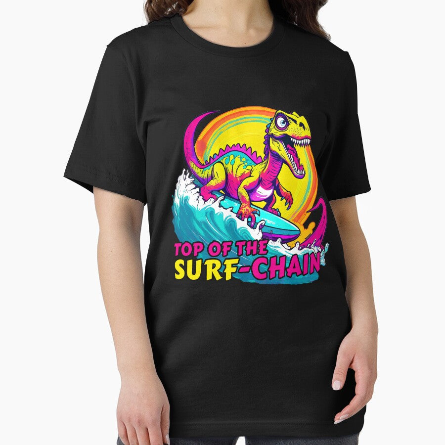 T-rex Dinosaur Surfing Funny T-shirt by SOVA-PR