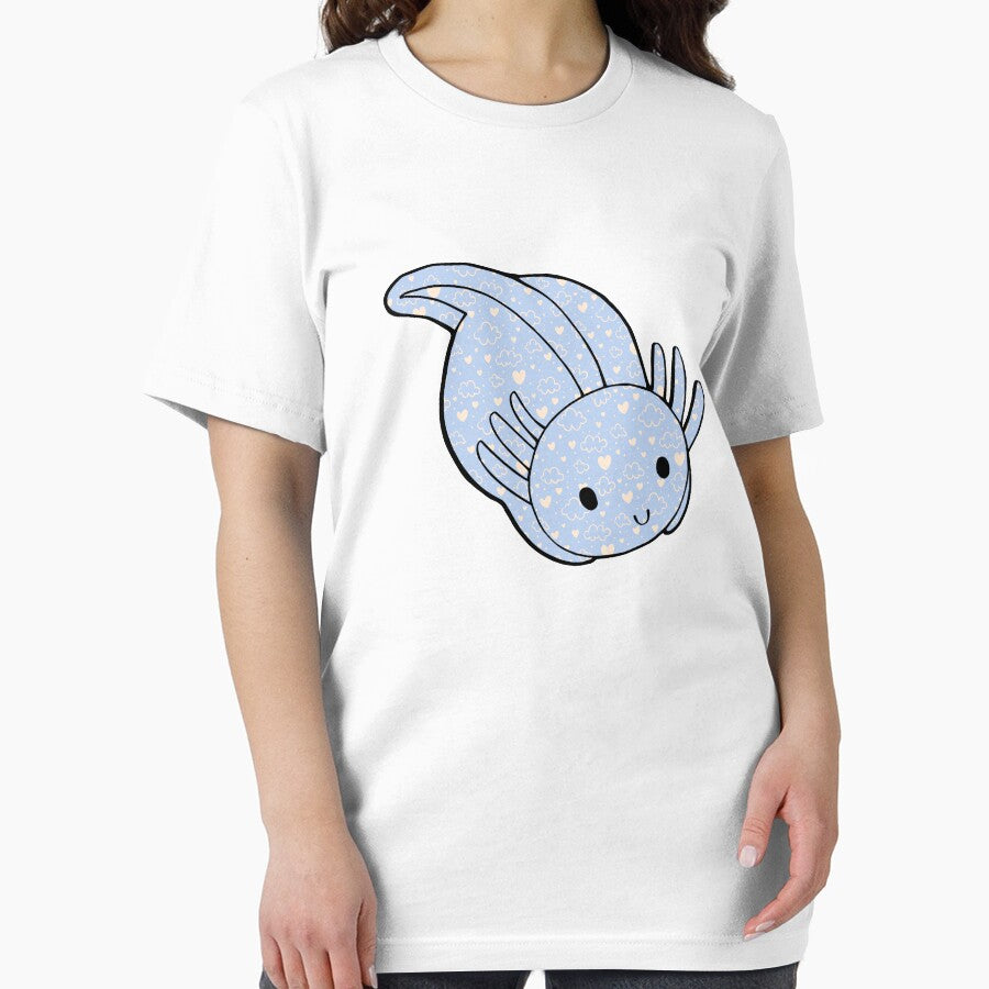 Cute Kawaii Baby Chibi Axolotl in Bright Blue with Hearts and Cloud Pattern by InkMemories
