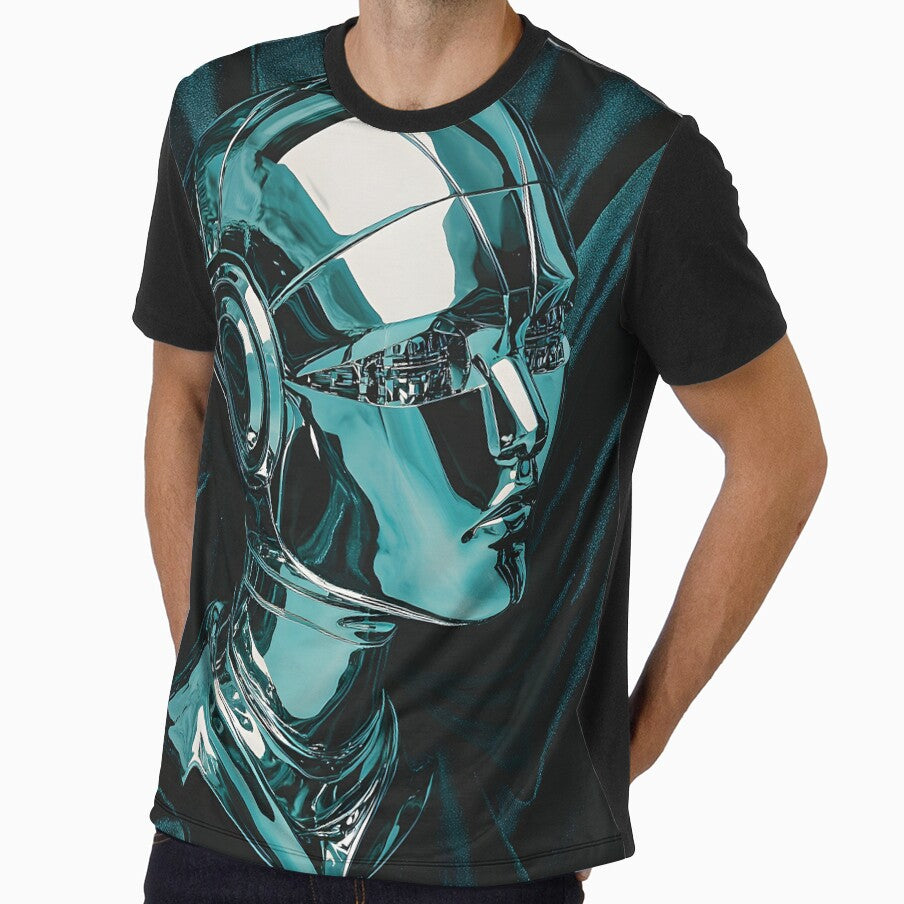 Futuristic metallic teal android bust illustration by Checho30