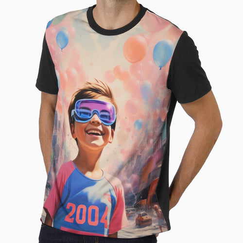 "Nostalgic Bliss: Young Boy with Retro Vibe and Pink Balloons in the Distance" by Eandbeyond