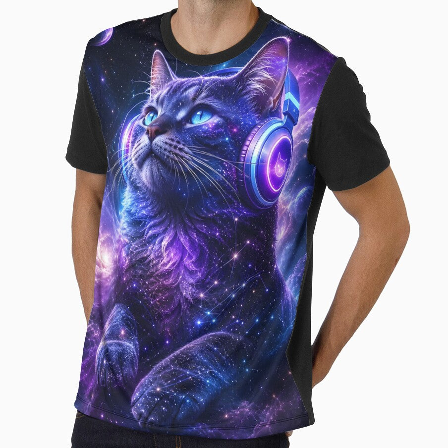 Cosmic Galaxy Cat with Headphones Neon Purple Space Art by ThePixelMind