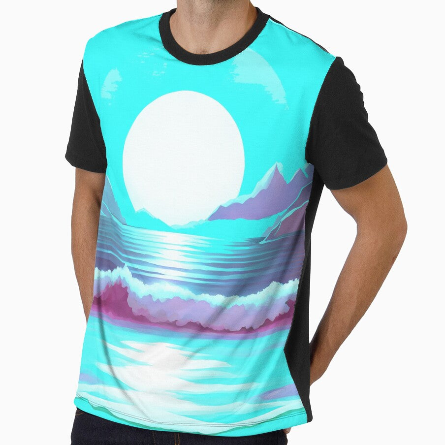Retro Moon Ocean Beach Mountains Sky AI Art 1 of 4 by Beachy