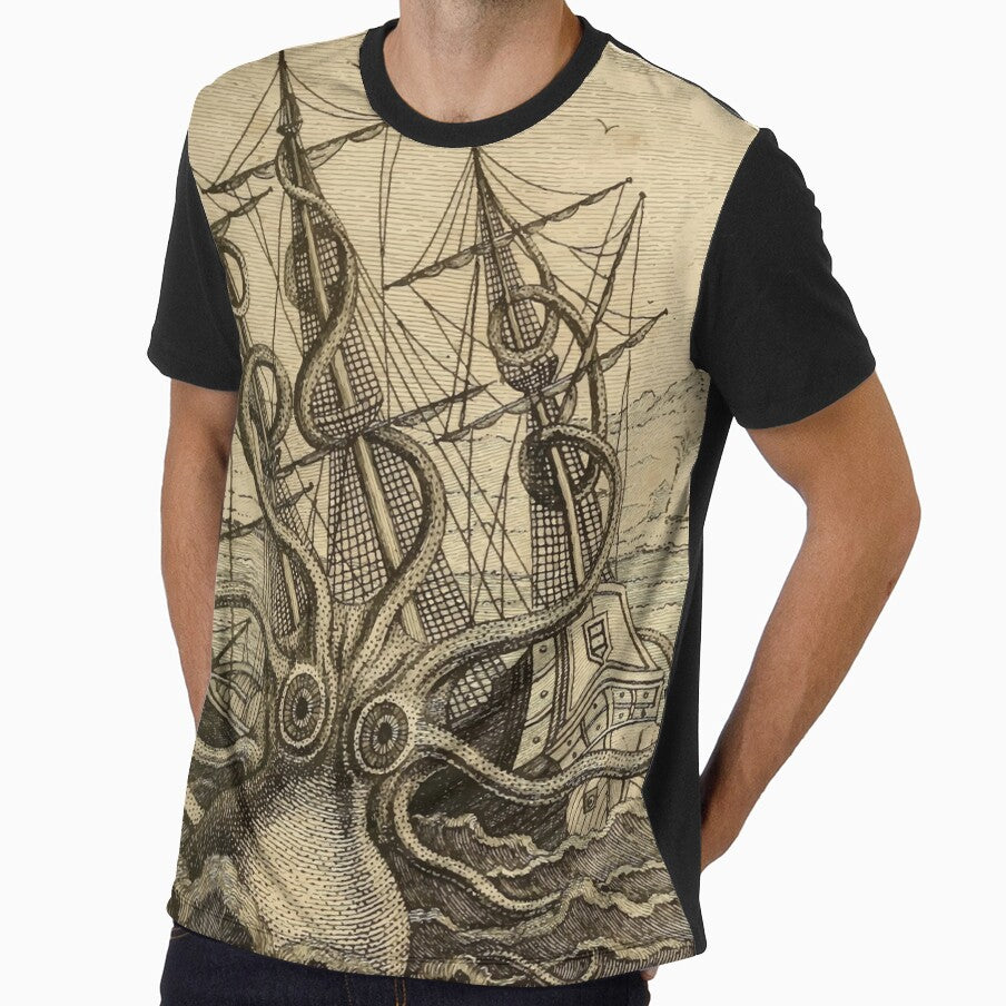 Vintage Kraken attacking ship illustration on parchment by monsterplanet