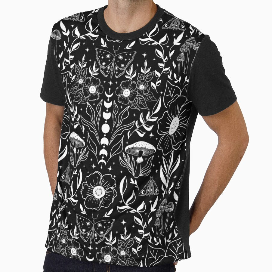 Whimsigoth Moth Moon Damask White on Black by WonderAndWhim