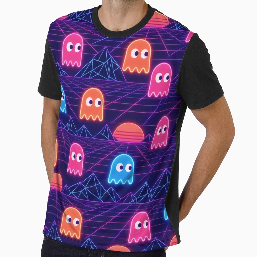 Neon Arcade Ghosts And Retro Grids Halloween Seamless Pattern Sunset Coral by StickyGuys