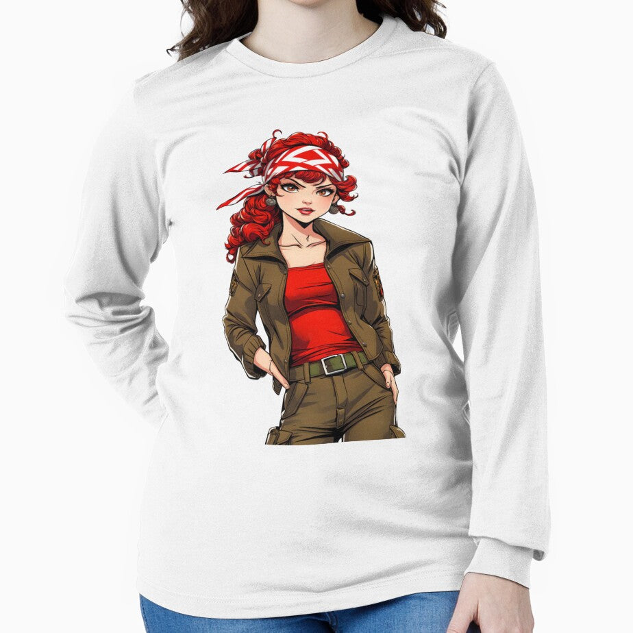 Confident red-haired woman wearing explorer outfit with bold determined expression by XuxuKemaik