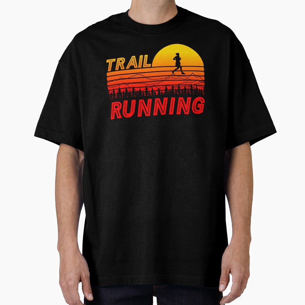 Trail running in orange sunset with mountains and forest by wejollydigitals