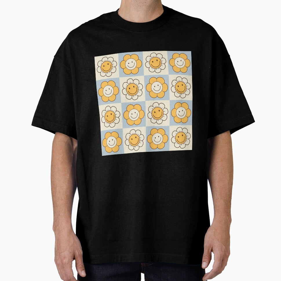 Checkered Hippie Happy Smiley Flowers by Throwtopia