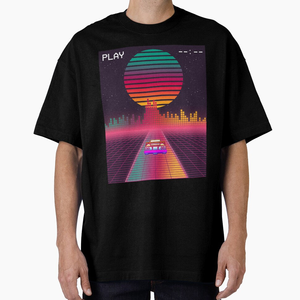 Retro 80s Cyberpunk Synthwave Sunset fast car in Outrun grid design by D-C-Designs