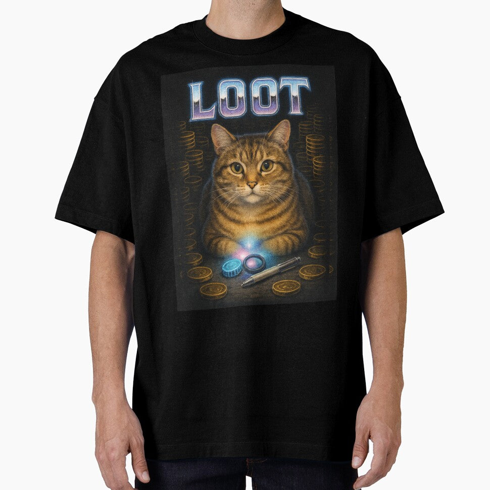 Loot Loaf Funny 80s Gamer Cat T-Shirt by catastrocat