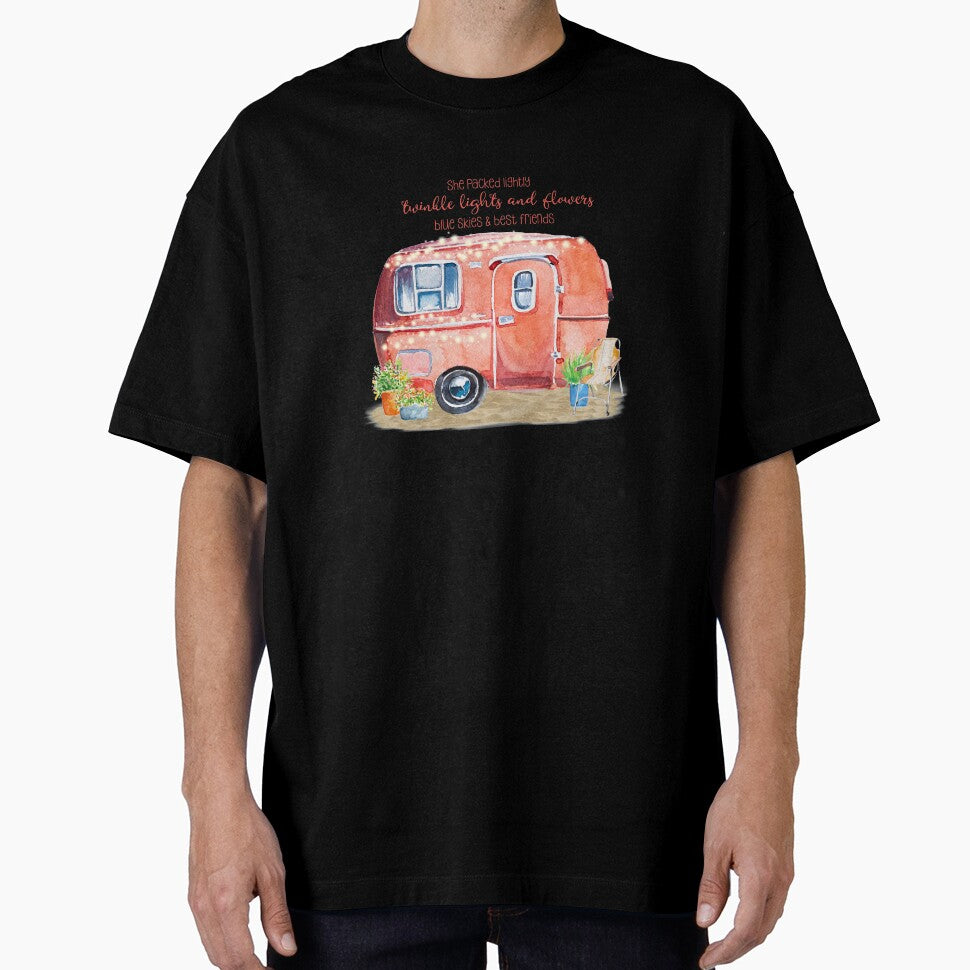 A watercolor vintage camper setting with fun quote for the lover of the glamping lifestyle - "She packed lightly, twinkle lights and flowers, blue skies and best friends". by ReefCoast