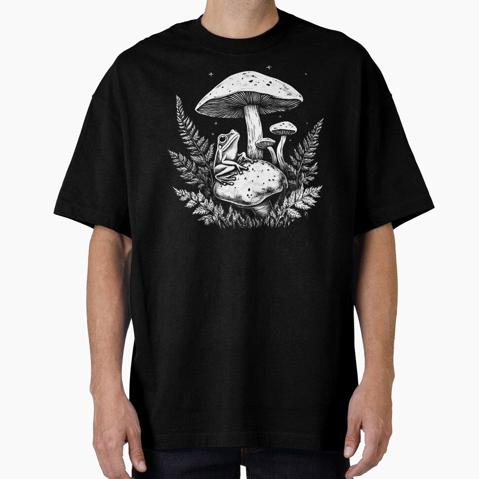 Cottagecore Frog on Mushroom – Goblincore Fern Forest Illustration T-Shirt | Whimsical Nature Aesthetic by Nyx Creates