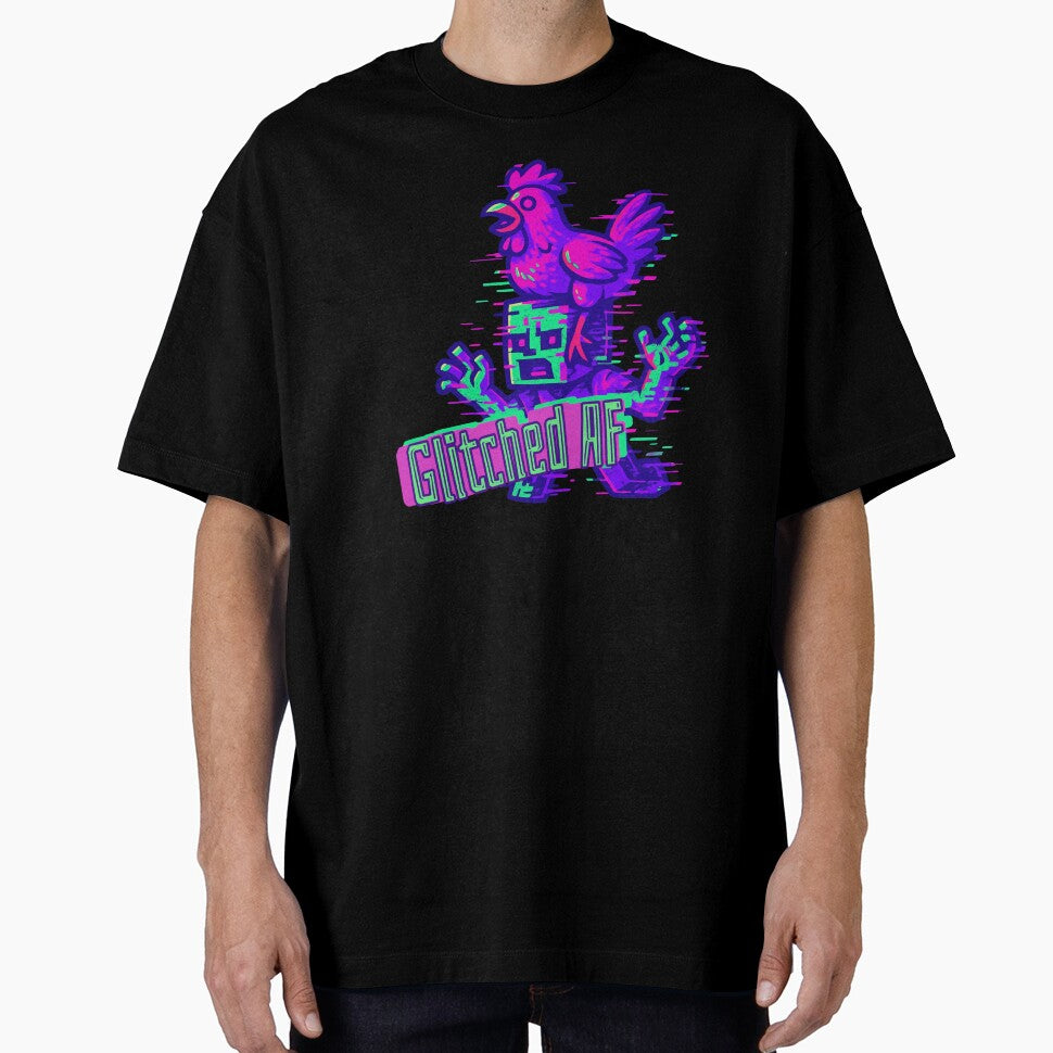 Chicken Jockey Glitched AF – Funny Pixel Gamer Glitchcore Shirt by RealLifeMerchies