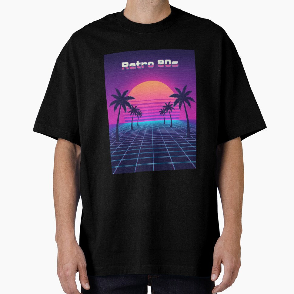 Retro 80s Synthwave Sunset with Palm Trees and Neon Grid by seven things shop