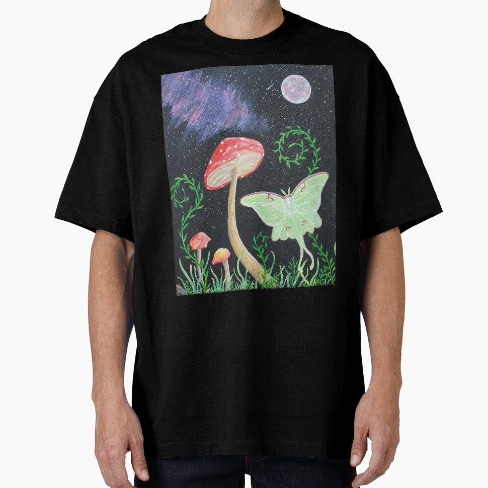 Mushrooms with a Luna moth & night sky by RavenWhite17