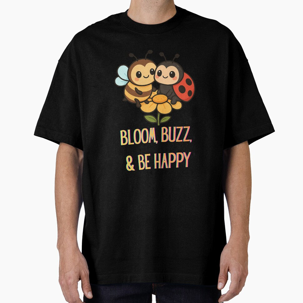 Bloom, Buzz, & Be Happy – Cute Bee and Ladybug Positive Quote Design by Painted Moon by Luna Bee™