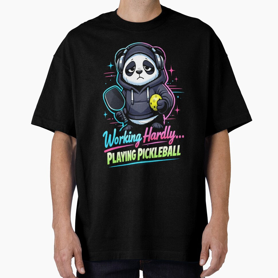 Working Hardly Playing Pickleball Panda Neon Lo-fi Art by Xemora