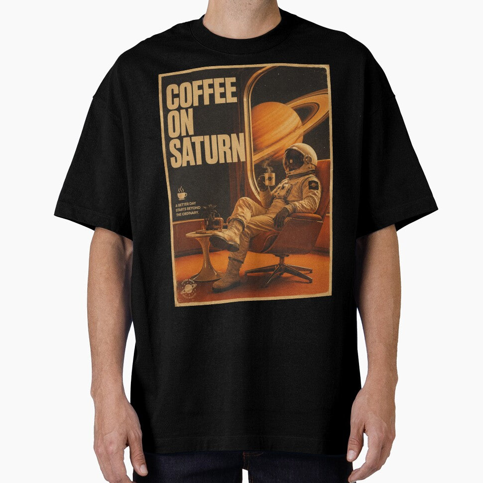 Coffee On Saturn – Retro Futuristic Space Poster by Watchyyy