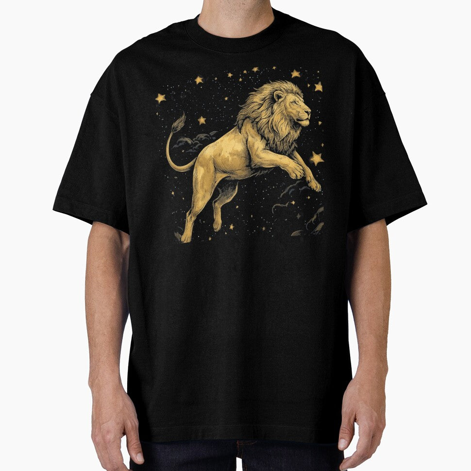 Celestial Lion Gold & Navy - Leo Zodiac Starry Night Illustration by Taha Art Designs