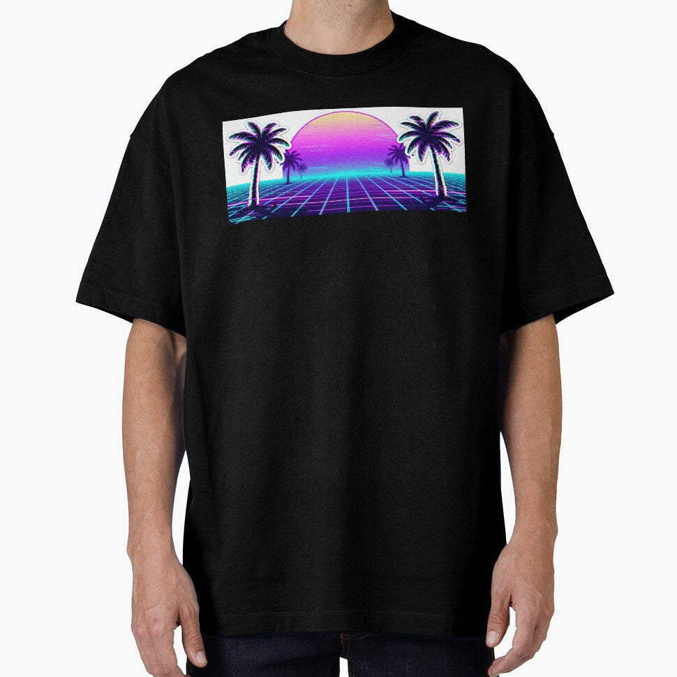 Neon Synthwave City Sunset - 80s Retro Glitch Aesthetic by PratikG24