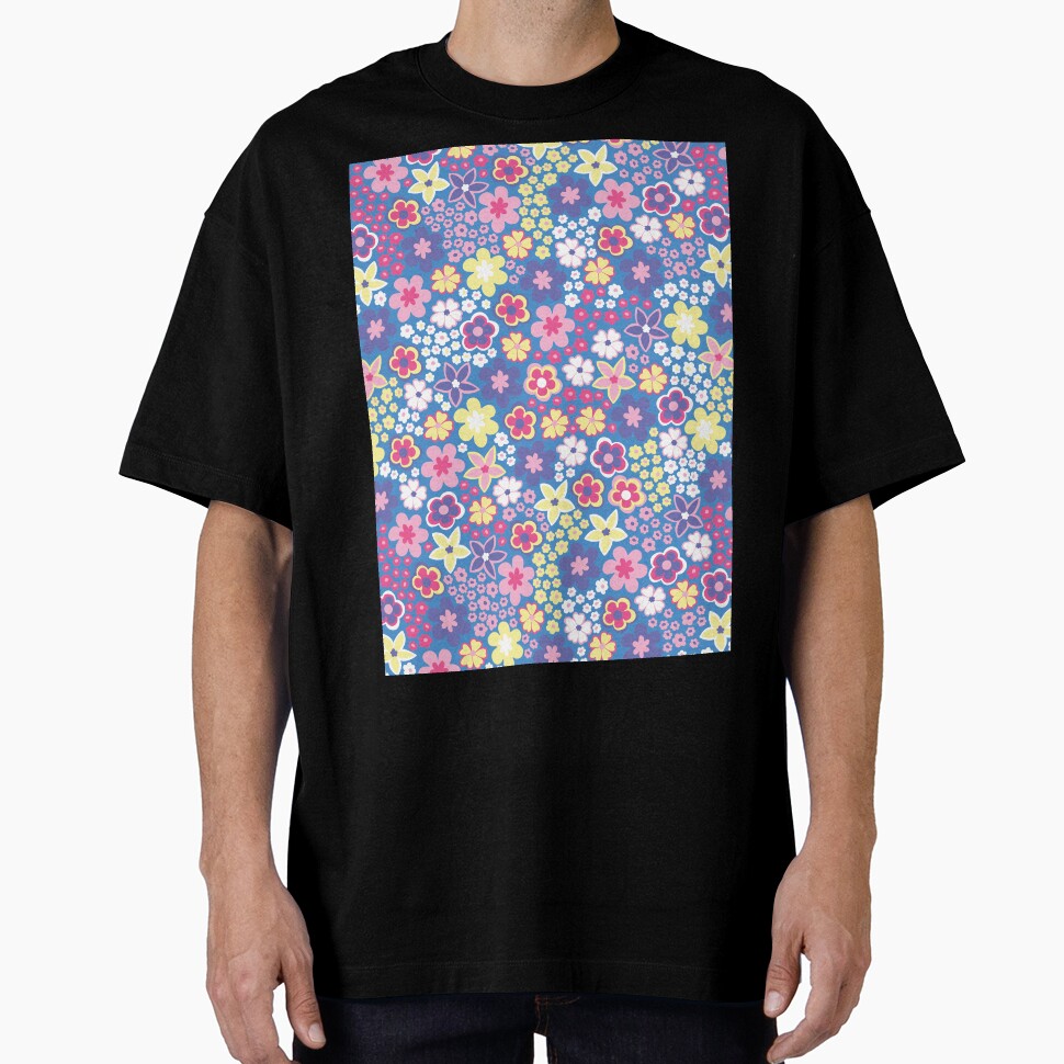 Blue Pastel 60s retro flower power, purple, pink, pastel yellow, 60s groovy pattern, hippie flowers by blomastudios