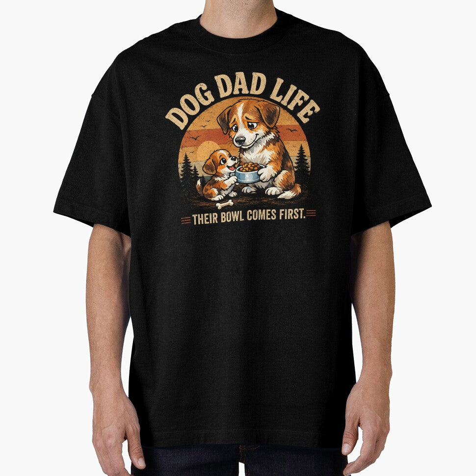 Dog Dad Life Their Bowl Comes First Vintage Retro Sunset Puppy Fatherhood Dog Lover T-Shirt by HOUSE OF TIST