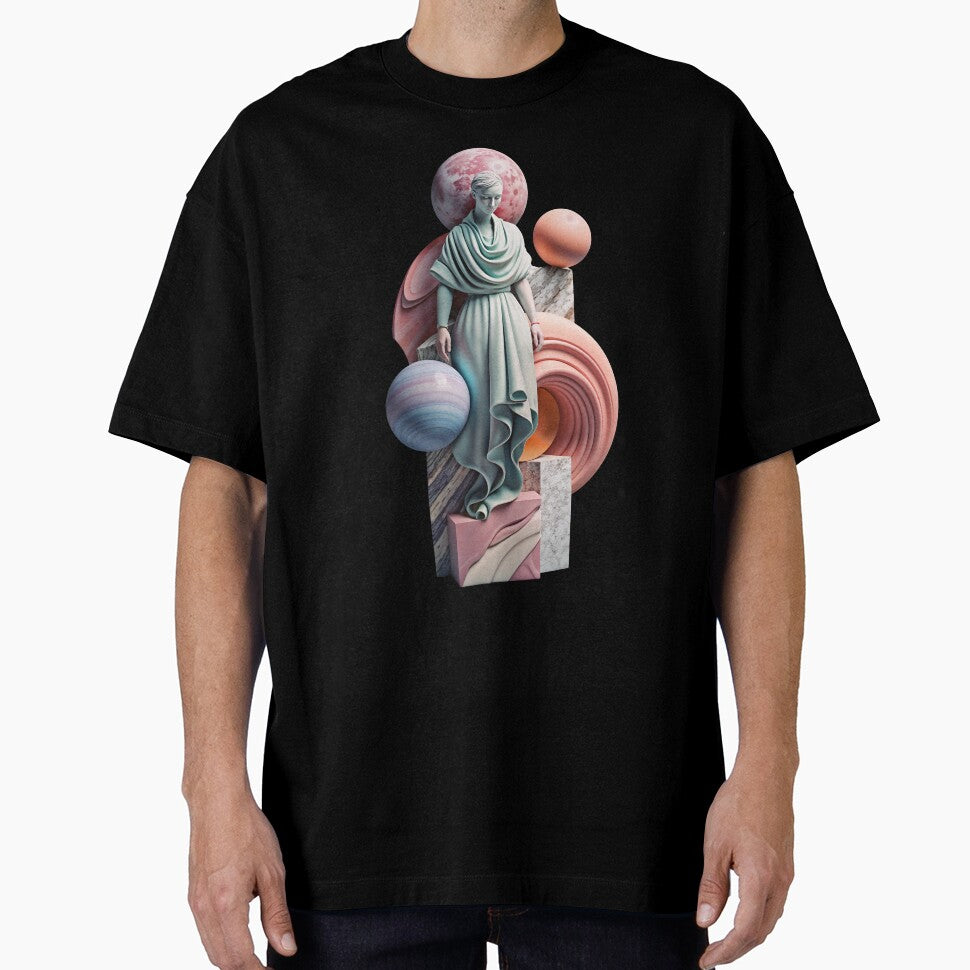Ethereal woman statue surrounded by colorful planets and geometric shapes by Creative88Art