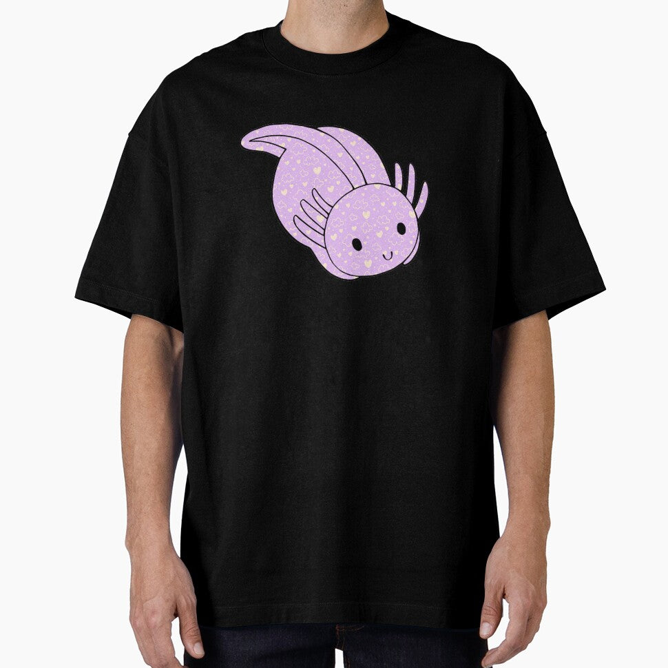 Cute Kawaii Baby Chibi Axolotl in Pastel Lavender Purple with Hearts and Cloud Pattern by InkMemories