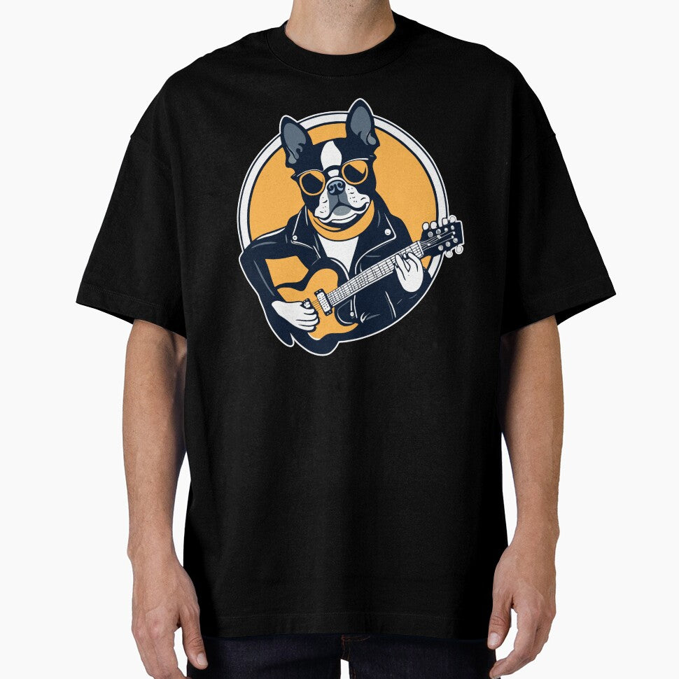 Boston Terrier Playing Guitar Wearing Sunglasses by Ameiva-Apparel