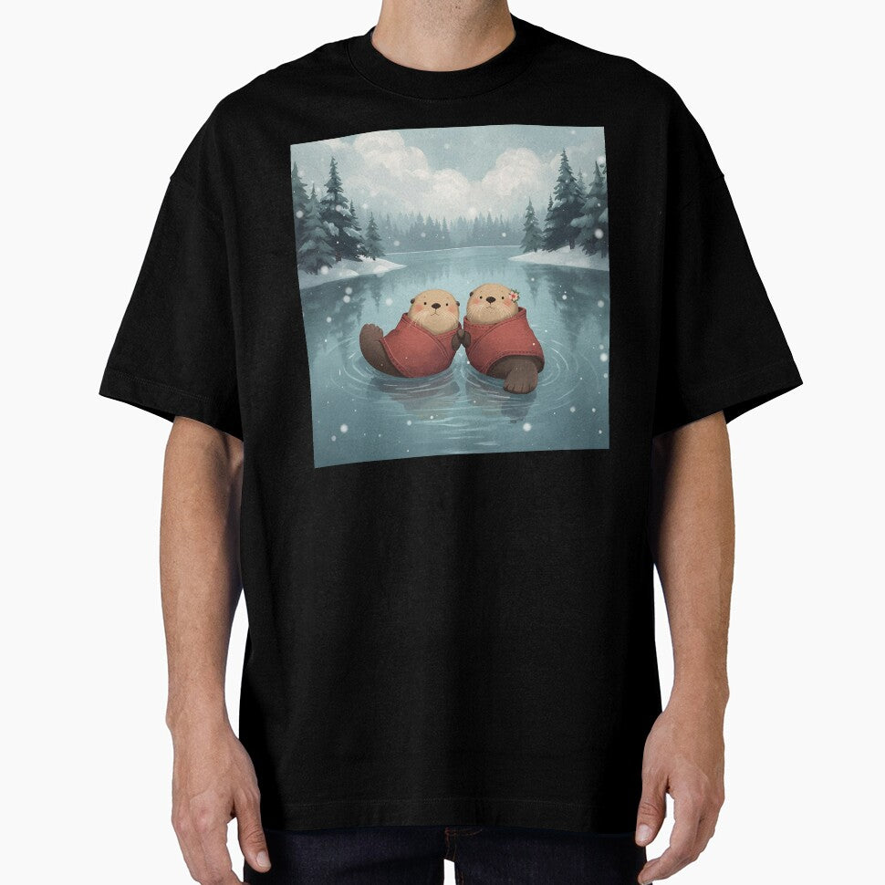 Floating Otters in Love on a Winter Lake by WildlifeWhimsy