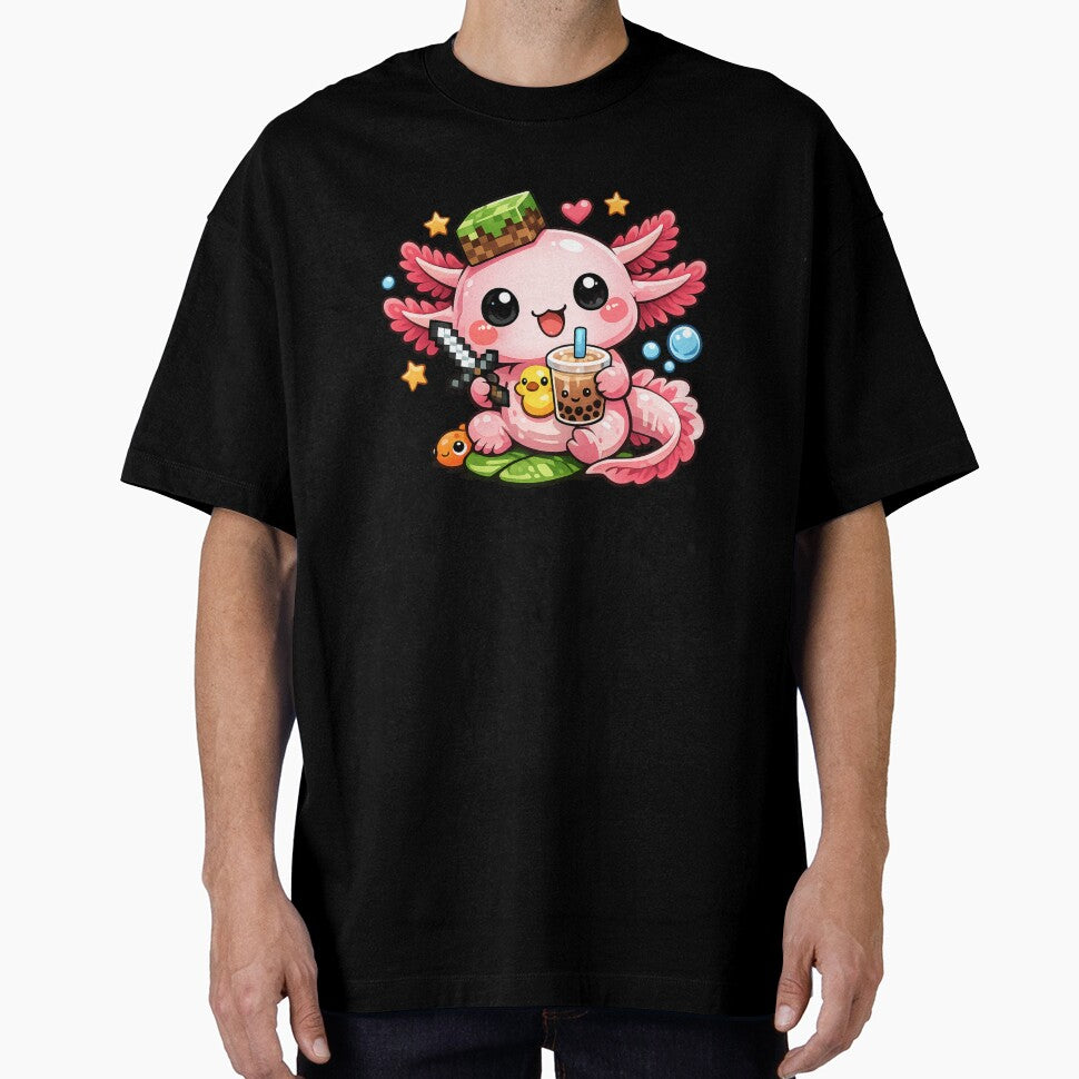 Cute Gamer Axolotl Drinking Bubble Tea Kawaii Fantasy Art by RetroPop23