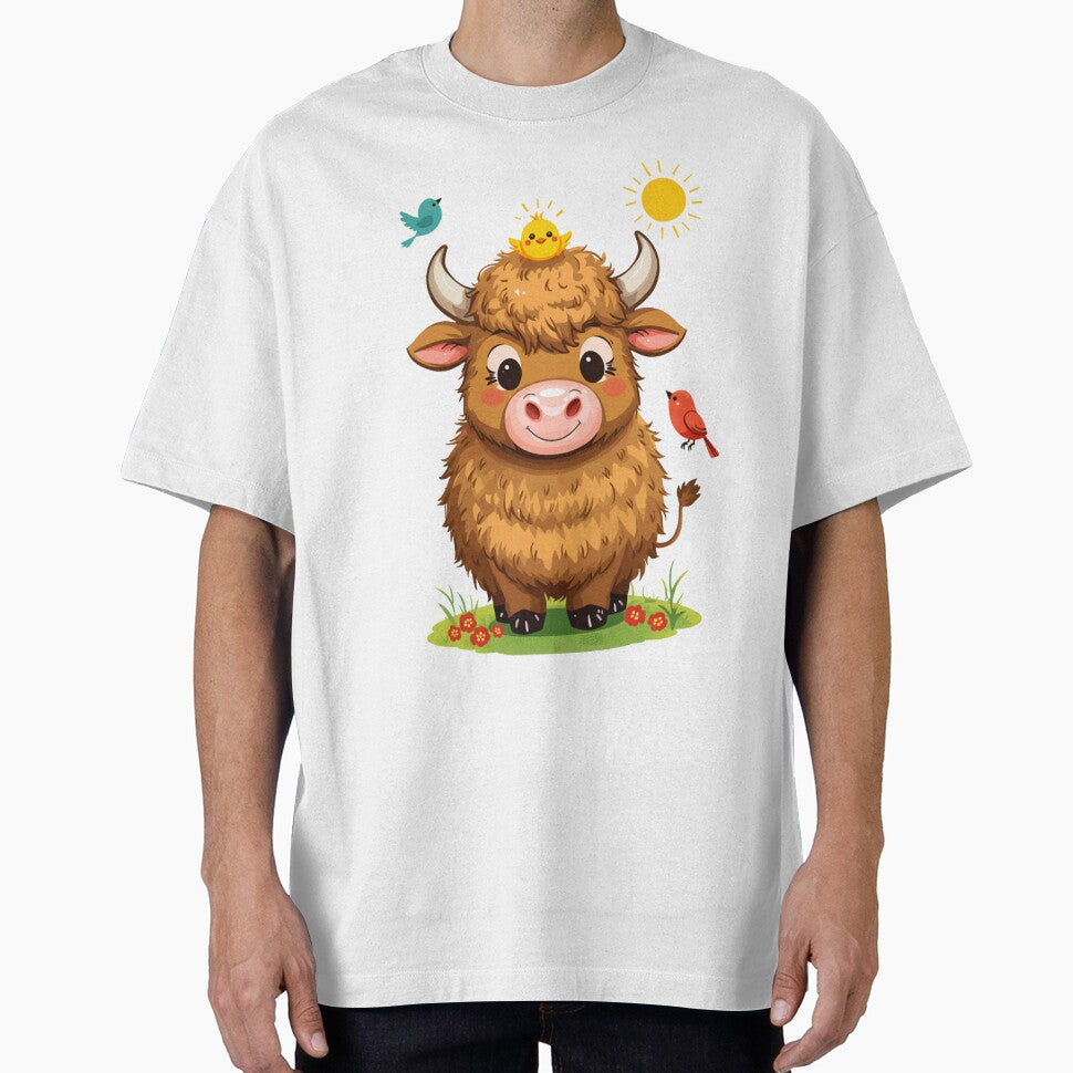 Charming Cartoon Highland Cow with Chick & Sunny Friends by katiecorners