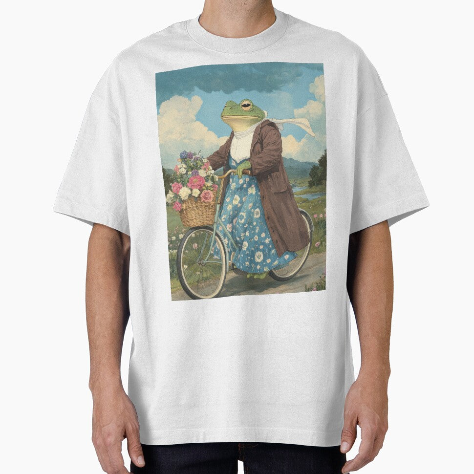 Cottagecore Frog on a Bicycle – Whimsical Vintage Nature Art by baucestudio